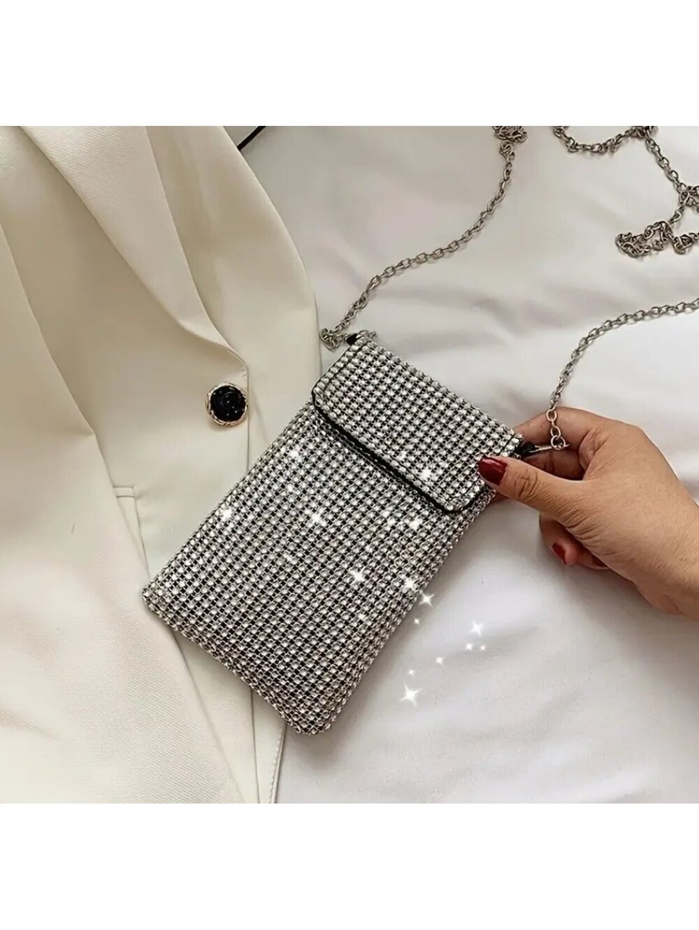 New - Super Cute & Stylish Rhinestone Embellished Crossbody/Phone Bag  - Silver - Picture 6 of 8